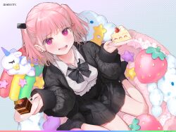 Rule 34 | 1girl, black bow, black bowtie, black jacket, black nails, black skirt, black socks, blush, bow, bowtie, breasts, cake, cake slice, chocolate cake, collared shirt, earrings, food, fruit, fuzuki fuuro, group name, hair ornament, heart, heart-shaped pillow, highres, holding, holding plate, jacket, jewelry, looking at viewer, medium breasts, medium hair, nail polish, no shoes, non-web source, open clothes, open jacket, open mouth, original, pillow, pink eyes, pink hair, plate, pleated skirt, polka dot, polka dot background, shirt, short hair, sitting, skirt, smile, socks, solo, strawberry, strawberry shortcake, stud earrings, stuffed strawberry, stuffed unicorn, sweatdrop, teeth, twintails, wariza, white shirt