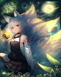 Rule 34 | 1girl, animal ear fluff, animal ears, black shirt, black skirt, blurry, blurry foreground, breasts, closed mouth, collarbone, depth of field, fox ears, fox girl, fox tail, hair between eyes, highres, kitsune, kyuubi, long sleeves, looking at viewer, md5 mismatch, multiple tails, open clothes, original, pleated skirt, red eyes, resolution mismatch, ribbon-trimmed sleeves, ribbon trim, shirt, short hair, silver hair, skirt, sleeves past wrists, small breasts, solo, source smaller, sugar (dndi888), tail, v-shaped eyebrows, wide sleeves