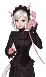 Rule 34 | 1girl, animal ears, warrior of light (ff14), black dress, black eyes, black nails, cat ears, cat tail, commentary, commission, corded phone, cowboy shot, dress, earrings, english commentary, fictional persona, final fantasy, final fantasy xiv, fingernails, hair ribbon, hairband, hand up, highres, holding, holding phone, jewelry, lavelis, long sleeves, medium hair, miqo&#039;te, mole, mole under mouth, nail polish, original, phone, ribbon, sharp fingernails, simple background, smile, solo, tail, talking on phone, white background, white hair