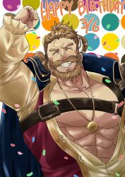 Rule 34 | 1boy, abs, absurdres, arm up, bara, beard, bergamond (crave saga), chest hair, closed eyes, crave saga, dated, eyebrow cut, facial hair, happy birthday, highres, jewelry, large pectorals, long hair, male focus, mature male, muscular, muscular male, mustache, necklace, open clothes, pectorals, polka dot, polka dot background, pon tarami, ponytail, smile, solo, thick eyebrows, thick mustache