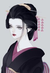 Rule 34 | 1girl, bad id, bad twitter id, black hair, black kimono, commentary request, eyelashes, eyeshadow, grey background, hair comb, hair ornament, highres, japanese clothes, kanzashi, kimono, looking ahead, makeup, nico robin, obi, one piece, oppaipai, pale skin, red lips, sash, sidelocks, simple background, solo, upper body