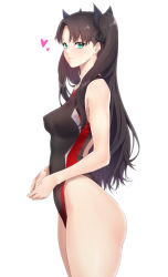 Rule 34 | 1girl, ass, bare arms, bare shoulders, black hair, black ribbon, blue eyes, breasts, brown hair, closed mouth, commentary, competition swimsuit, covered erect nipples, cowboy shot, english commentary, fate/stay night, fate (series), from side, hair ribbon, heart, highleg, highleg swimsuit, highres, leotard, long hair, looking at viewer, medium breasts, one-piece swimsuit, parted bangs, ribbon, simple background, sleeveless, smile, solo, swimsuit, thighs, tohsaka rin, twintails, white background, zucchini