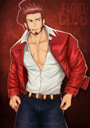Rule 34 | 1boy, abs, absurdres, alternate costume, belt, fate/grand order, fate (series), hand on own hip, highres, jacket, large pectorals, long sideburns, long sleeves, looking to the side, male focus, mikicat, muscular, napoleon bonaparte (fate), open clothes, open jacket, open mouth, open shirt, pants, pectoral cleavage, pectorals, scar, sideburns, simple background, smoking, upper body