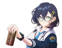 Rule 34 | 0.7 (aysatnegr), 1girl, absurdres, blue archive, blue necktie, rabbit hair ornament, chihiro (blue archive), closed mouth, coffee, collared shirt, commentary request, eyelashes, glasses, green eyes, hair between eyes, hair ornament, highres, holding, looking at viewer, loose necktie, necktie, shadow, shirt, smile, solo, stopwatch, upper body, watch, white shirt