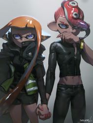 Rule 34 | 1boy, 1girl, agent 3 (splatoon), agent 8 (splatoon), asymmetrical sleeves, banonefans, bike shorts, black cape, black shirt, black shorts, blue eyes, blunt bangs, bracelet, cape, commentary request, couple, dated, grey background, headgear, hetero, holding hands, inkling, inkling girl, inkling player character, jewelry, long hair, long sleeves, looking at viewer, midriff, mohawk, navel, nintendo, octoling, octoling boy, octoling player character, open clothes, open vest, orange hair, partially unzipped, pointy ears, red hair, shirt, short hair, short shorts, shorts, splatoon (series), splatoon 1, splatoon 2, splatoon 2: octo expansion, squidbeak splatoon, standing, suction cups, tentacle hair, turtleneck, uneven sleeves, vest, wiping face, yellow vest, zipper