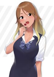 Rule 34 | 1girl, absurdres, black eyes, blonde hair, blue bow, blue bowtie, blue sweater vest, blush, border, bow, bowtie, breasts, brown hair, candy, cleavage, collarbone, dark-skinned female, dark skin, earrings, food, gradient hair, gyaru, hand up, highres, holding, holding candy, holding food, holding lollipop, idolmaster, idolmaster shiny colors, izumi mei, jewelry, large breasts, lollipop, long hair, long sleeves, looking at viewer, multicolored hair, onao, open mouth, outside border, plaid, plaid bow, plaid bowtie, school uniform, shirt, sleeves rolled up, solo, standing, striped, striped background, sweater vest, tan, two-tone background, upper body, white border, white shirt