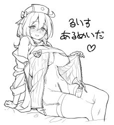 Rule 34 | 1girl, blush, breasts, garter straps, greyscale, hat, heart, highres, large breasts, looking at viewer, luis almeida (sengoku bushouki muramasa), monochrome, nipples, nurse, nurse cap, sengoku bushouki muramasa, sitting, sketch, smile, solo, thighhighs, um179006, unzipped, white background