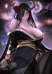 Rule 34 | 1girl, architecture, azur lane, bare shoulders, black hair, black kimono, black pantyhose, blush, breasts, breasts apart, east asian architecture, fireworks, flower, friedrich der grosse (azur lane), friedrich der grosse (dark raiments of gagaku) (azur lane), from below, full-face blush, gdat, hair over one eye, highres, horn ornament, horns, huge breasts, japanese clothes, kimono, long hair, looking at viewer, looking down, mature female, mechanical horns, off shoulder, official alternate costume, pantyhose, red flower, red horns, sagging breasts, sash, sitting, solo, very long hair, yellow eyes, yellow sash