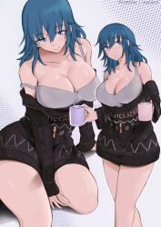 Rule 34 | 1girl, alternate costume, bare shoulders, black sweater, blue eyes, blue hair, breasts, byleth (female) (fire emblem), byleth (fire emblem), cleavage, commentary, cup, english commentary, feet out of frame, fire emblem, fire emblem: three houses, grey background, grey tank top, highres, holding, holding cup, large breasts, long hair, long sleeves, looking at viewer, mug, nintendo, off-shoulder sweater, off shoulder, solo, standing, strap slip, sweater, tank top, thighs, vialnite