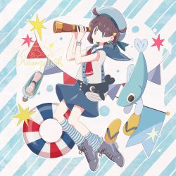 Rule 34 | 1girl, absurdres, animal bag, arms up, bad id, bad pixiv id, bag, bead bracelet, beads, blue eyes, blue headwear, blue sailor collar, blue shorts, bracelet, braid, bright pupils, brown hair, ear piercing, earrings, fish, flag, floating, french braid, full body, grey footwear, hair ornament, hat, highres, holding, holding telescope, jewelry, lifebuoy, message in a bottle, neckerchief, original, piercing, red neckerchief, sailor, sailor collar, sailor hat, sandals, shirt, shoes, short hair, short sleeves, shorts, shoulder bag, socks, sorata123, striped background, striped clothes, striped legwear, striped socks, swim ring, telescope, two-tone background, unworn footwear, unworn sandals, watch, white pupils, white shirt, wristwatch