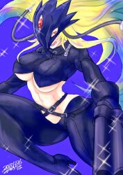 Rule 34 | 1girl, abs, beelstarmon, belt, blonde hair, breasts, digimon, gun, large breasts, legs, licking lips, long hair, mask, midriff, misodiru, navel, pants, red eyes, smile, solo, thick thighs, thighs, third eye, tongue, tongue out, underboob, weapon