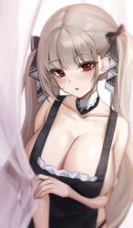 Rule 34 | 1girl, 1yu x, apron, azur lane, bare shoulders, blush, breasts, brown eyes, cleavage, curtain grab, curtains, detached collar, formidable (azur lane), grey hair, hair ribbon, highres, large breasts, long hair, looking at viewer, naked apron, red eyes, ribbon, solo, twintails, two-tone ribbon, very long hair