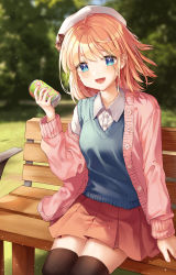 Rule 34 | 1girl, :d, absurdres, bench, beret, black thighhighs, blonde hair, blue eyes, blue vest, blurry, blurry background, blush, can, cardigan, collared shirt, grass, hat, highres, holding, holding can, long sleeves, looking at viewer, medium hair, open mouth, orange skirt, original, outdoors, pink cardigan, pleated skirt, school uniform, shirt, sitting, skirt, smile, solo, starlime, thighhighs, tree, vest, white hat, white shirt