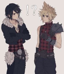 Rule 34 | !?, 234 (1234!), 2boys, adapted costume, armor, baggy pants, belt, belt buckle, black gloves, black hair, black jacket, black pants, blonde hair, blue eyes, brown gloves, buckle, closed mouth, cloud strife, collarbone, cowboy shot, crossed arms, earrings, final fantasy, final fantasy vii, final fantasy viii, fur-trimmed jacket, fur trim, gloves, hair between eyes, highres, in-franchise crossover, jacket, jewelry, light blush, looking at another, male focus, multiple boys, necklace, pants, plaid, plaid shirt, plaid sweater, shirt, short hair, shoulder armor, simple background, single bare shoulder, sleeveless, sleeveless turtleneck, squall leonhart, stud earrings, suspenders, sweatdrop, sweater, thumbs up, turtleneck, turtleneck sweater