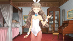 Rule 34 | 1girl, animal ears, armlet, bare shoulders, bed, blush, bow, bowtie, breasts, bunny day, canopy bed, chair, covered navel, cowboy shot, cupboard, desk, detached collar, earrings, closed eyes, fake animal ears, florine (machine child), hair bow, hairband, highres, indoors, jewelry, leotard, light brown hair, long hair, machine child, mirror, ooyari ashito, painting (object), pantyhose, pillow, playboy bunny, rabbit ears, small breasts, smile, solo, strapless, strapless leotard, thigh gap, wavy hair, white leotard, wrist cuffs