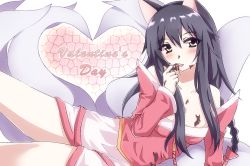 Rule 34 | 1girl, ahri (league of legends), animal ears, bad id, bad pixiv id, black hair, blush, breasts, chocolate, cleavage, detached sleeves, fox ears, fox tail, heart, icyfox, league of legends, long hair, multiple tails, tail, valentine, yellow eyes