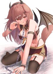 Rule 34 | 1girl, ;q, alternate costume, animal ears, arm support, bikini, black garter straps, black hairband, black thighhighs, blush, bone hair ornament, breasts, brown bikini, brown eyes, brown hair, brown shirt, chain, chain leash, claw pose, cleavage, commentary request, demon girl, demon horns, demon wings, detached collar, dog ears, dog girl, dog tail, double-parted bangs, extra ears, fake horns, fingernails, frilled bikini, frilled skirt, frills, full body, garter straps, hair between eyes, hair ornament, hairband, hairclip, highres, hololive, hololive gamers, horns, inugami korone, large breasts, leash, licking lips, long hair, looking at viewer, miniskirt, navel, no shoes, nyoon, one eye closed, panty straps, parted hair, pleated skirt, shirt, skirt, solo, swimsuit, tail, thighhighs, tongue, tongue out, virtual youtuber, wings, wrist cuffs, x hair ornament, zettai ryouiki