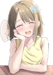 Rule 34 | 1girl, artist name, blush, brown hair, closed eyes, collarbone, commentary request, dated, facing viewer, hand on own chin, head rest, looking at viewer, love live!, love live! nijigasaki high school idol club, nakasu kasumi, open mouth, shirt, short hair, solo, speech bubble, swept bangs, tamaao (tamaao31241), translation request, twitter username, upper body, yellow shirt
