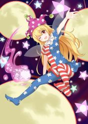 Rule 34 | 1girl, american flag dress, american flag legwear, bad id, bad pixiv id, blonde hair, blush, chongjing, clownpiece, fairy wings, full body, hat, highres, jester cap, long hair, looking at viewer, moon, one eye closed, open mouth, outstretched arm, pantyhose, print pantyhose, short sleeves, smile, solo, star-shaped pupils, star (symbol), striped clothes, striped pantyhose, symbol-shaped pupils, touhou, wings