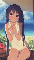 Rule 34 | 1girl, absurdres, beach, bench, bikini, black hair, blue sky, blurry, brown eyes, cloud, collarbone, commentary request, day, depth of field, film grain, flat chest, flower, hands on own chest, hibiscus, highres, horizon, huge filesize, k-on!, long hair, looking to the side, motchi001, nakano azusa, ocean, one-piece tan, outdoors, sitting, sky, solo, swimsuit, tan, tanline, twintails, white bikini