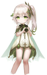 Rule 34 | 1girl, bare legs, braid, closed mouth, cropped legs, detached sleeves, dress, french braid, genshin impact, go-sai tamanegi, gradient hair, green eyes, green hair, hair between eyes, hair ornament, hands up, heart, heart hands, highres, knees together feet apart, leaf hair ornament, light blush, long hair, multicolored clothes, multicolored dress, multicolored hair, nahida (genshin impact), off-shoulder dress, off shoulder, pointy ears, pout, short dress, short sleeves, side ponytail, sidelocks, simple background, solo, white background, white hair