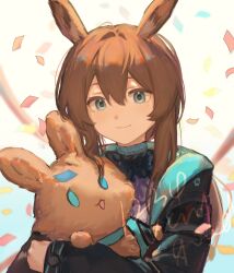 Rule 34 | 1girl, absurdres, amiya (arknights), animal ears, aqua eyes, aqua jacket, arknights, black jacket, brown hair, chinese commentary, closed mouth, commentary request, confetti, hair between eyes, highres, holding, holding stuffed toy, hugging object, jacket, long hair, long sleeves, looking at viewer, rabbit ears, rabbit girl, sidelocks, smile, solo, sparklings (1234 hen hao chi), stuffed animal, stuffed rabbit, stuffed toy, two-sided fabric, two-sided jacket, upper body, watermark