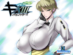 Rule 34 | 1girl, bash-inc, blonde hair, blue eyes, breasts, covered erect nipples, earrings, fingerless gloves, gloves, huge breasts, impossible clothes, impossible shirt, jewelry, king (snk), king of fighters xiii, lipstick, makeup, necktie, pink lips, puffy nipples, ryuuko no ken, shirt, short hair, smile, snk, solo, the king of fighters, the king of fighters xiii