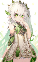 Rule 34 | 1girl, bare shoulders, blush, breasts, genshin impact, green eyes, hair ornament, highres, long hair, looking away, nage (sacosui ng), nahida (genshin impact), pointy ears, simple background, skirt, small breasts, solo, symbol-shaped pupils, white hair