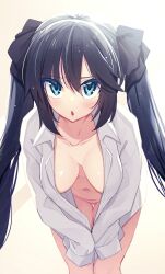 Rule 34 | 1girl, :o, akino sora, black bow, black hair, blue eyes, blush, bottomless, bow, breasts, colored eyelashes, downblouse, extended downblouse, female focus, hair between eyes, hair bow, hanging breasts, highres, leaning forward, looking at viewer, medium breasts, naked shirt, navel, no bra, open clothes, open shirt, original, shiny skin, shirt, sleeves past wrists, solo, thigh gap, twintails, white shirt
