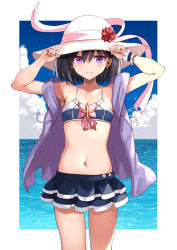 Rule 34 | 1girl, armpits, arms up, bare arms, bare shoulders, black hair, black skirt, drawstring, hat, highres, jacket, layered skirt, looking at viewer, mahcdai, midriff, miniskirt, navel, off shoulder, open clothes, open jacket, original, purple eyes, purple jacket, short hair, skirt, sleeveless, sleeveless jacket, smile, solo, spaghetti strap, stomach, sun hat, thighs, white hat, wrist cuffs