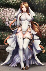 Rule 34 | 1girl, boots, breasts, bridal veil, brown hair, dress, elbow gloves, finalcake, full body, girls&#039; frontline, gloves, green eyes, high heel boots, high heels, large breasts, lee-enfield (girls&#039; frontline), leotard, long hair, looking at viewer, parted lips, solo, standing, thigh boots, thighhighs, veil, very long hair, wedding dress, white thighhighs