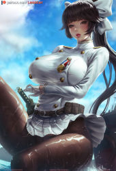 Rule 34 | 1girl, azur lane, belt, black hair, blush, bow, breasts, cloud, gloves, hair bow, katana, large breasts, lexaiduer, lips, long hair, miniskirt, panties, panties under pantyhose, pantyhose, partially submerged, patreon username, pleated skirt, pouch, skirt, sky, solo, sword, takao (azur lane), underwear, water, weapon, wet, white bow, wind