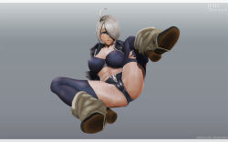 Rule 34 | 1girl, 3d, abs, angel (kof), bad id, bad pixiv id, blue eyes, boots, breasts, cameltoe, chaps, cleavage, female focus, fingerless gloves, full body, gloves, hair over one eye, highres, jacket, large breasts, leslyzerosix, looking at viewer, midriff, muscular, muscular female, navel, panties, short hair, simple background, snk, solo, the king of fighters, thighhighs, underwear, white hair