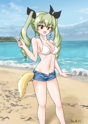 Rule 34 | 1girl, :d, absurdres, anchovy (girls und panzer), beach, bikini, black ribbon, blue shorts, blue sky, breasts, cloud, cloudy sky, commentary request, cutoffs, dated, day, denim, denim shorts, drill hair, drops mint, girls und panzer, girls und panzer senshadou daisakusen!, green hair, hair ribbon, highres, horizon, index finger raised, long hair, looking at viewer, medium breasts, micro shorts, navel, ocean, open fly, open mouth, outdoors, partial commentary, red eyes, ribbon, shore, shorts, sky, smile, solo, standing, swimsuit, torn clothes, torn shorts, twin drills, twintails, white bikini