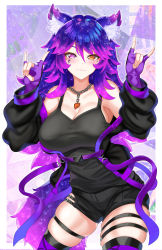 Rule 34 | 1girl, absurdres, animal ear fluff, animal ears, bare shoulders, black shirt, black shorts, blush, breasts, chain, chain necklace, cleavage, closed mouth, commentary, cowboy shot, english commentary, fingerless gloves, fox ears, fox shadow puppet, gloves, hands up, heterochromia, highres, indie virtual youtuber, jewelry, large breasts, long hair, long sleeves, looking at viewer, necklace, nez-box, off shoulder, orange eyes, purple eyes, purple gloves, purple hair, purple thighhighs, shirt, short shorts, shorts, smile, solo, thigh strap, thighhighs, virtual youtuber