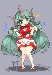 Rule 34 | !, !!, 1girl, :d, aqua hair, bare arms, bare legs, blouse, blush, breasts, buttons, cameltoe, character name, cherry blossoms, cloud print, collared dress, collared shirt, curly hair, curvy, dancing, dress, eyebrows, facing viewer, fang, full body, geta, green eyes, grey background, heart, highres, hitodama, horns, knees together feet apart, komano aunn, long hair, looking away, looking to the side, medium breasts, mikozin, open mouth, paw pose, purple background, raised eyebrows, red shirt, shadow, shirt, short sleeves, shorts, single horn, smile, solo, standing, tabi, text focus, thigh gap, tongue, torii, touhou, very long hair, white shirt, white shorts, wide hips