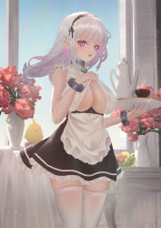 Rule 34 | 1girl, anchor choker, apron, azur lane, bad id, bad pixiv id, breasts, brown skirt, cirilla lin, cleavage, commentary, cup, dido (azur lane), flower, fruit bowl, highres, holding, holding tray, indoors, large breasts, long hair, looking at viewer, manjuu (azur lane), purple eyes, red flower, silver hair, skirt, solo, thighhighs, tray, underboob, vase, white apron, white thighhighs, zettai ryouiki