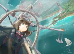 Rule 34 | 1girl, aircraft, airplane, bad id, bad pixiv id, beach, boat, cloud, cockpit, day, flying, green eyes, highres, itodome, lighthouse, pilot, piloting, propeller, safety belt, seaplane, short hair, sky, smile, solo, tree, water, watercraft