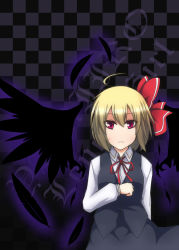 Rule 34 | 1girl, ahoge, black wings, blonde hair, bow, checkered background, detached wings, earlgrey, feathers, female focus, hair bow, highres, long sleeves, no nose, red eyes, rumia, short hair, solo, touhou, wings