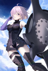Rule 34 | 1girl, absurdres, ahoge, armored boots, armored leotard, bad id, bad pixiv id, black footwear, black leotard, boots, breasts, breasts apart, elbow gloves, fate/grand order, fate (series), gloves, hair over one eye, highres, kyo (maae00), leotard, looking at viewer, mash kyrielight, medium breasts, medium hair, parted lips, pink hair, purple eyes, purple gloves, shield, solo, thigh strap