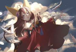 Rule 34 | 1girl, animal ears, arm up, artist name, azu-chan, bare shoulders, bird, brown hair, choker, cloud, detached sleeves, dress, elin, fox ears, long hair, outstretched arms, purple eyes, red dress, signature, sky, smile, solo, strapless, strapless dress, tera online, watermark, web address