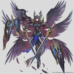 Rule 34 | 1girl, armor, black gloves, black hair, closed mouth, dual wielding, feathered wings, feathers, fingerless gloves, floating, floating object, gloves, greaves, helmet, highres, holding, holding sword, holding weapon, long hair, multiple wings, nishiki areku, pauldrons, purple feathers, purple wings, red eyes, shield, shoulder armor, smile, solo, sword, valkyrie anatomia, valkyrie profile (series), vambraces, very long hair, weapon, wings