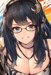 Rule 34 | 1girl, bad id, bad pixiv id, bare shoulders, black-framed eyewear, black hair, blush, breasts, brown hairband, cleavage, collarbone, ear piercing, glasses, granblue fantasy, grey eyes, grin, hairband, highres, illnott, jewelry, koretsuki azuma, large breasts, long hair, looking at viewer, necklace, off-shoulder shirt, off shoulder, paint splatter, piercing, shirt, smile, splatter background