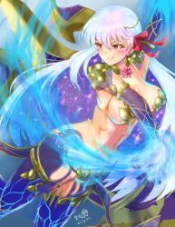 Rule 34 | 1girl, armlet, armor, bikini armor, blue fire, blue hair, blue skin, blush, breasts, circlet, cleavage, collar, colored inner hair, colored skin, earrings, fate/grand order, fate (series), fire, flower, gradient skin, grin, hair ribbon, highres, huge weapon, iron samurai, jewelry, kama (fate), kama (third ascension) (fate), large breasts, long hair, looking to the side, lotus, metal collar, multicolored hair, navel, red eyes, ribbon, smile, solo, thighlet, thighs, two-tone hair, vajra (object), weapon, white hair