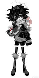Rule 34 | 1other, @ @, absurdres, black eyes, black footwear, black hair, black jacket, black shorts, black thighhighs, blood on flower, boots, commission, flower, full body, fur boots, grey scarf, halo, highres, jacket, meyou 0319, monochrome, my melody, onegai my melody, original, rose, sanrio, scarf, shorts, standing, thighhighs, white background, white flower, white rose