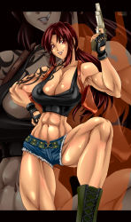 Rule 34 | 1girl, abs, alop-net, armpits, bad id, bad pixiv id, belt, beretta 92, black lagoon, boots, breasts, brown eyes, brown hair, bursting breasts, cigarette, cleavage, crop top, cross-laced footwear, cutoffs, denim, denim shorts, finger on trigger, fingerless gloves, gloves, gun, hand on own hip, handgun, highres, holster, huge breasts, lace-up boots, lipstick, long hair, macto, makeup, muscular, muscular female, narrow waist, pistol, ponytail, red eyes, red hair, revy (black lagoon), short shorts, shorts, shoulder holster, smoking, solo, tattoo, thick thighs, thighs, weapon, zoom layer