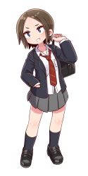 Rule 34 | 1girl, bag, black footwear, black jacket, black socks, blazer, blue eyes, blush, brown hair, collared shirt, diagonal-striped clothes, diagonal-striped necktie, diagonal-striped neckwear, dress shirt, full body, grey skirt, grin, hand in pocket, hand up, highres, holding, holding bag, jacket, leaning to the side, light brown hair, loafers, long sleeves, multicolored hair, naga u, necktie, open clothes, open jacket, original, parted bangs, pleated skirt, profile, red necktie, school bag, school uniform, shirt, shoes, simple background, skirt, smile, socks, solo, standing, striped clothes, striped necktie, striped neckwear, two-tone hair, v-shaped eyebrows, white background, white shirt