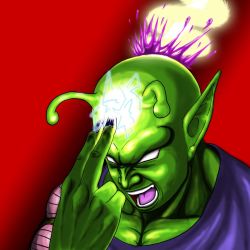 Rule 34 | 1boy, antennae, beam, blood, colored skin, dragon ball, dragonball z, failure, green skin, headshot, highres, makankousappou, male focus, piccolo, pointy ears, red background, solo, suicide, wakou, you&#039;re doing it wrong