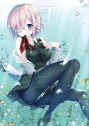Rule 34 | 1girl, absurdres, air bubble, animal, ankle boots, artist request, black-framed eyewear, black dress, blurry, blurry background, blush, boots, breasts, bubble, clownfish, collared dress, dress, fate/grand order, fate (series), fingernails, fish, glasses, hair over one eye, hand on own chest, hand up, highres, holding, large breasts, long sleeves, looking at viewer, mash kyrielight, mouth hold, necktie, off shoulder, pantyhose, pink hair, plant, purple eyes, red necktie, scan, short dress, short hair, sleeveless, solo, underwater, water