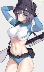 Rule 34 | 1girl, absurdres, arms up, belt, blue archive, blush, breasts, bucket hat, commentary, gun sling, halo, hat, highres, large breasts, linea alba, looking at viewer, navel, official alternate costume, purple hair, rash guard, saki (blue archive), saki (swimsuit) (blue archive), simple background, solo, stomach, stone (ksorede), symbol-only commentary, underboob, utility belt, weapon behind back, wet, wet hair
